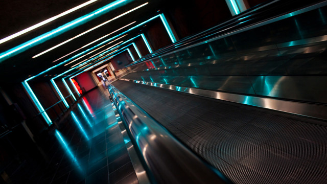 Long escalator red door blue free wallpaper - medium preview image