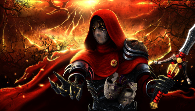 Man red hooded sword skull free wallpaper - medium preview image