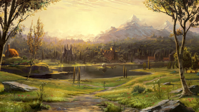 Mountain lake trees grass background free wallpaper - medium preview image