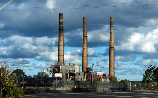 Factory smokestacks cloudy sky road free wallpaper - medium preview image