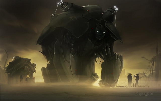Futuristic building giant robot people free wallpaper - medium preview image
