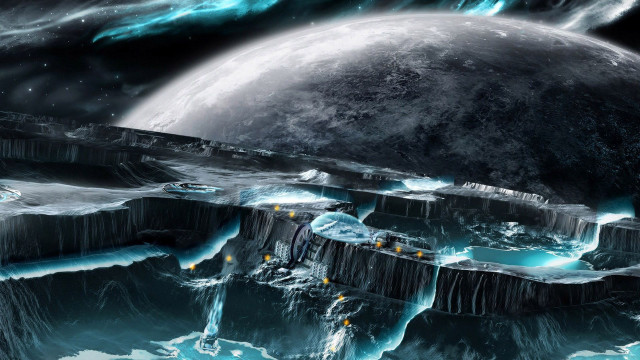 Futuristic space station ocean moon free wallpaper - medium preview image