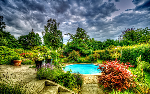 Pool garden lush green cloudy free wallpaper - medium preview image