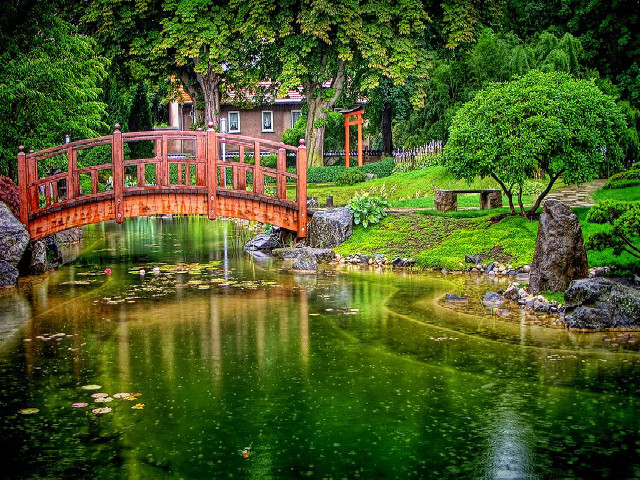 Bridge pond house rocks water free wallpaper - medium preview image