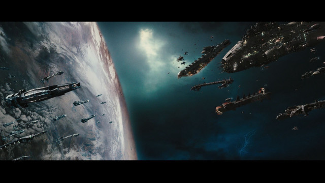 Floating ships near planet clouds free wallpaper - medium preview image