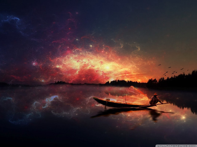 Man boat lake sunset stars free wallpaper - medium preview image
