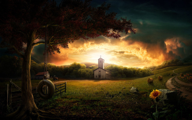 Church field tree barn sunset #2 free wallpaper - medium preview image