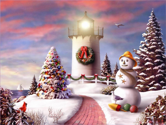 Snowman lighthouse snow wreath winter free wallpaper - medium preview image