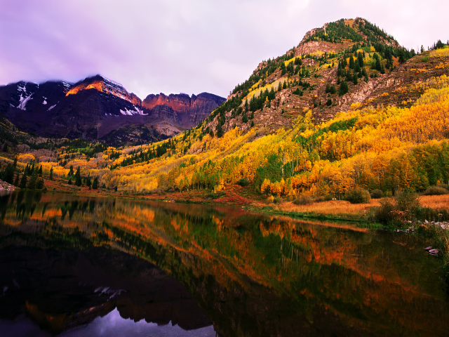 Mountain lake forest autumn impasto free wallpaper - medium preview image