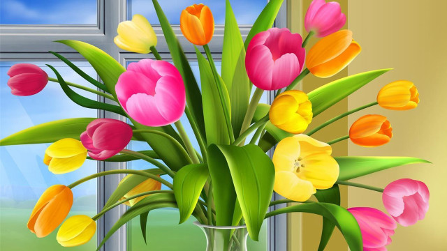 Vase colorful flowers window sill free wallpaper - medium preview image