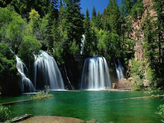 Waterfall green lake trees rope free wallpaper - medium preview image