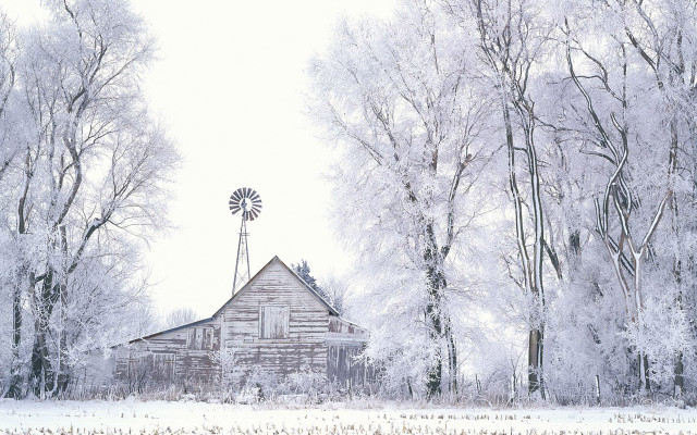 Barn snowy field windmill trees #2 free wallpaper - medium preview image
