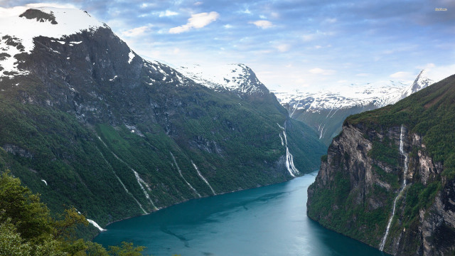 Lake mountains trees clouds snow free wallpaper - medium preview image