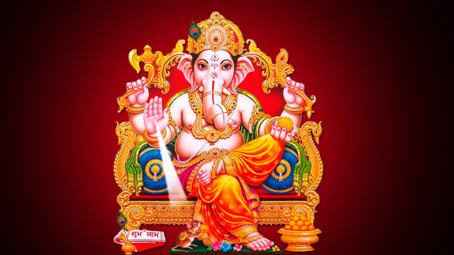 Ganesha throne red background painting free wallpaper - medium preview image