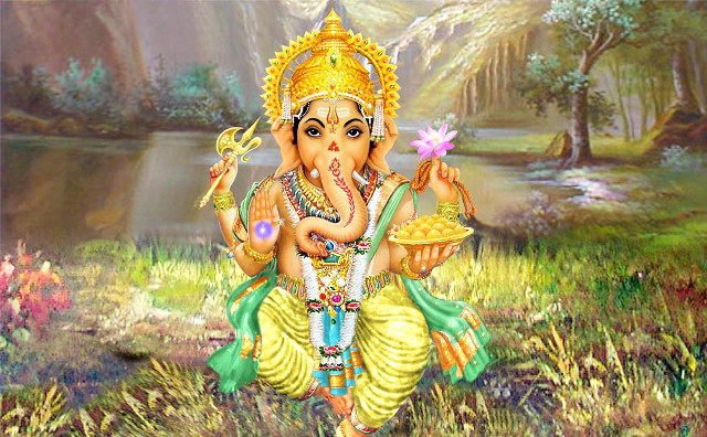 Ganesha lotus waterfall painting artwork free wallpaper - medium preview image