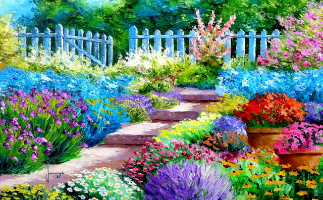 Garden flowers path white picket free wallpaper - medium preview image