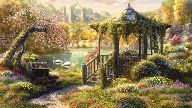 Gazebo garden flowers trees painting free wallpaper - medium preview image