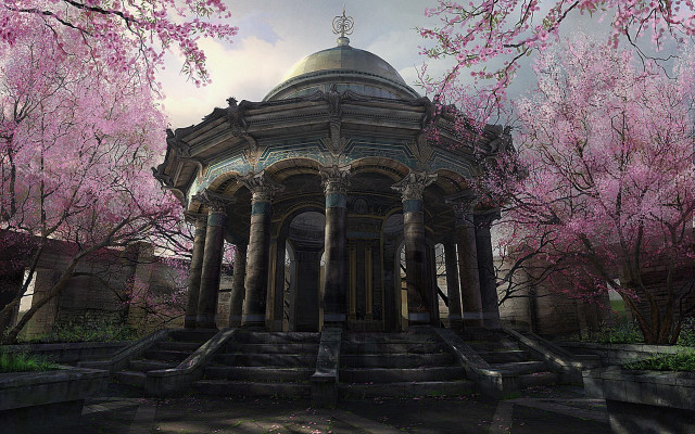 Gazebo pink trees park steps free wallpaper - medium preview image
