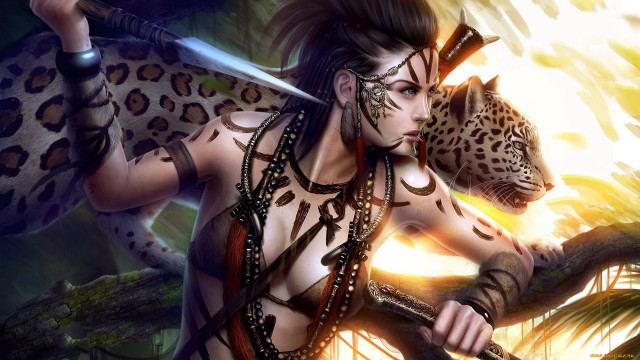 Woman leopard sword shoulder fierce free wallpaper - medium preview image