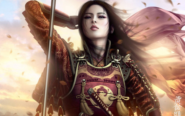 Woman armor sword flag sky free wallpaper - medium preview image