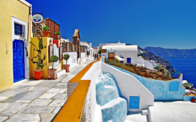 Blue door yellow building naive free wallpaper - medium preview image