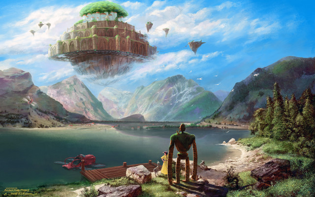 Man cliff lake castle sky free wallpaper - medium preview image