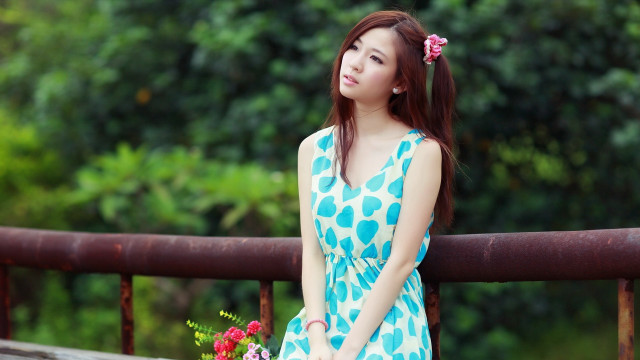 Woman blue dress bouquet flowers #2 free wallpaper - medium preview image