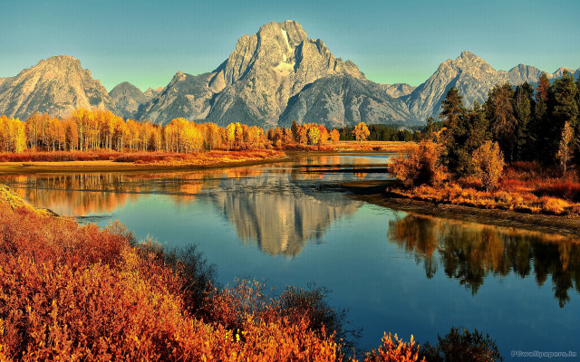 Autumn mountains river trees sunset free wallpaper - medium preview image