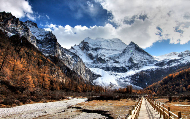 Wooden bridge mountain river snow #2 free wallpaper - medium preview image