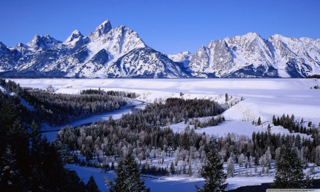 Snowy landscape mountains trees river #2 free wallpaper - medium preview image