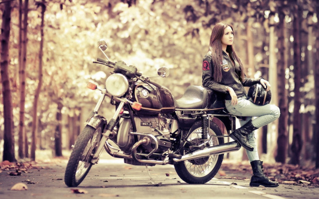 Woman motorcycle woods leaves leather free wallpaper - medium preview image