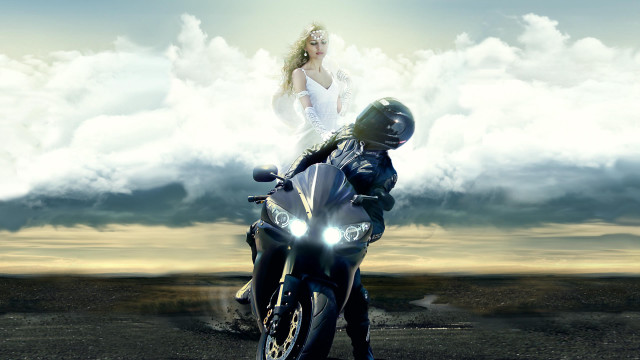 Woman motorcycle man desert clouds free wallpaper - medium preview image