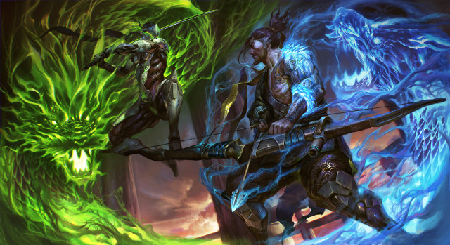 Fantasy characters green blue background free wallpaper - medium preview image