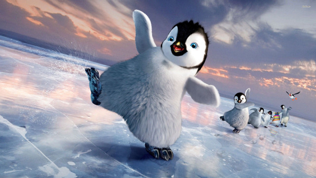 Penguin skating ice background clouds free wallpaper - medium preview image