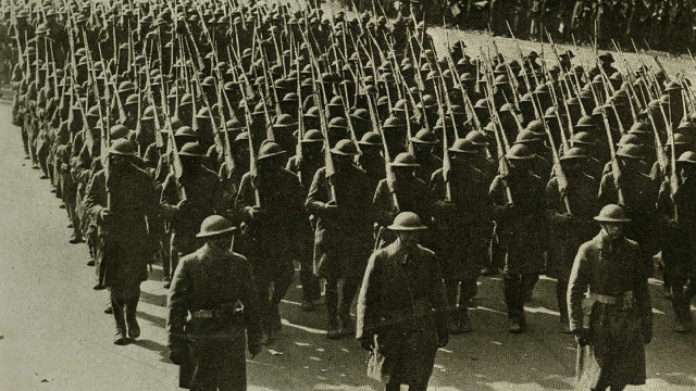 Marching men uniforms flags street free wallpaper - medium preview image