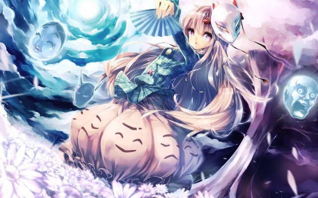 Girl sitting pumpkin field flowers free wallpaper - medium preview image