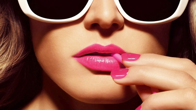 Woman pink lipstick sunglasses hand free wallpaper - medium preview image