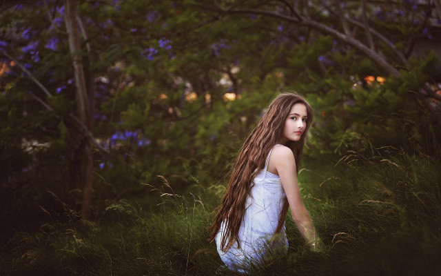 Woman long hair sitting field free wallpaper - medium preview image