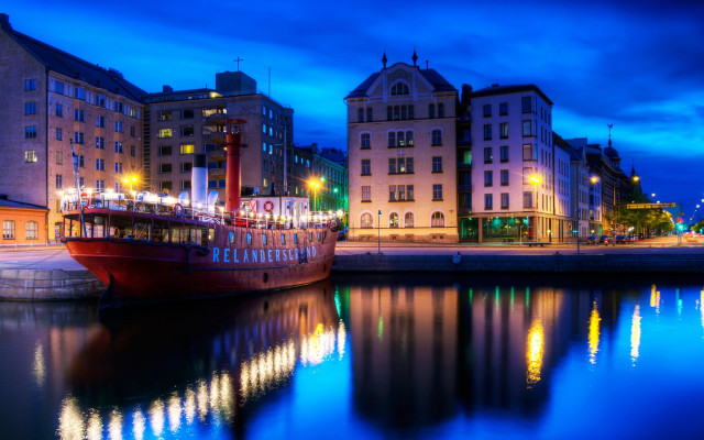 Boat docked harbor night buildings free wallpaper - medium preview image