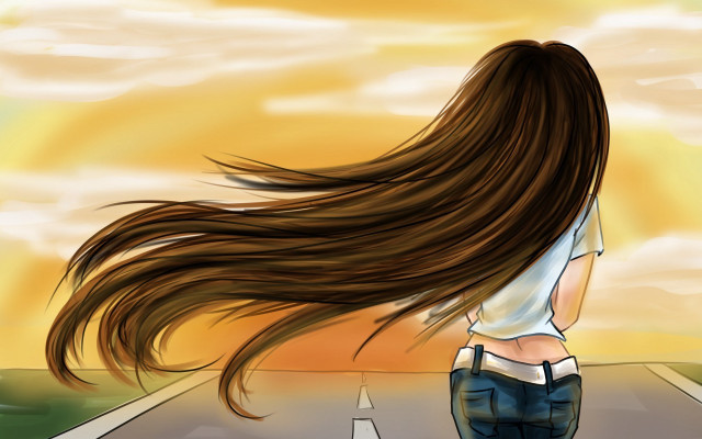 Woman walking road hair wind free wallpaper - medium preview image