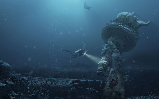 Scuba diver statue ocean shark #2 free wallpaper - medium preview image