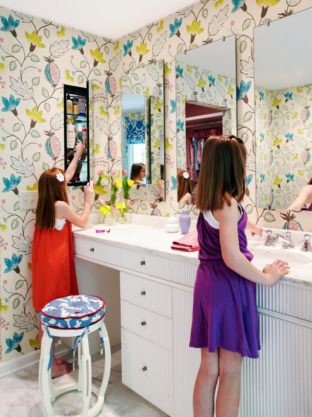 Woman purple dress mirror bathroom free wallpaper - medium preview image