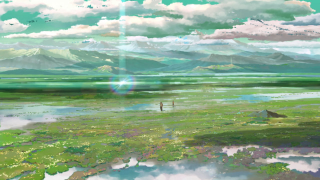 Person hill lake mountains cloudy free wallpaper - medium preview image