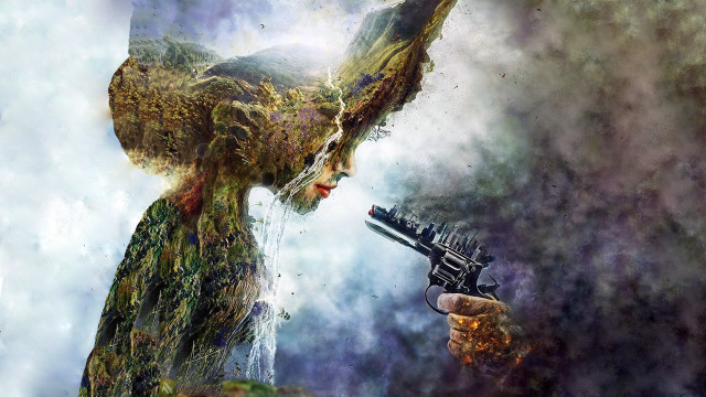 Woman gun pointing man bird free wallpaper - medium preview image