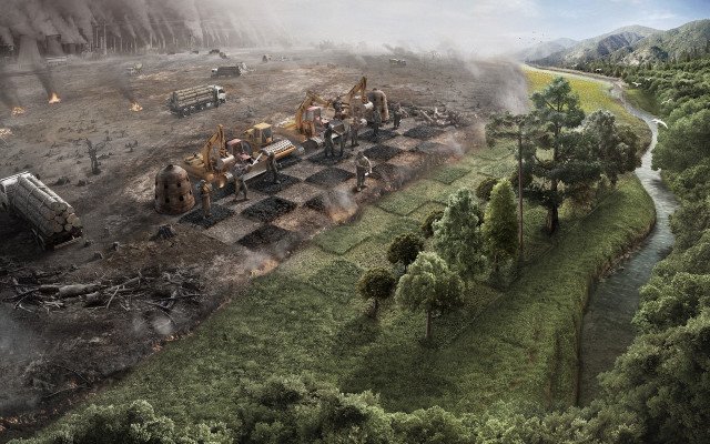 Field trees truck smoke sky free wallpaper - medium preview image