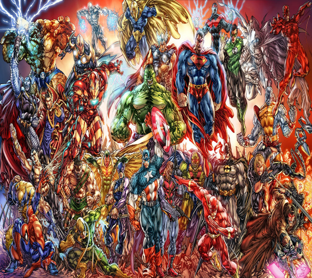 Superheroes red background blue sky free wallpaper - medium preview image