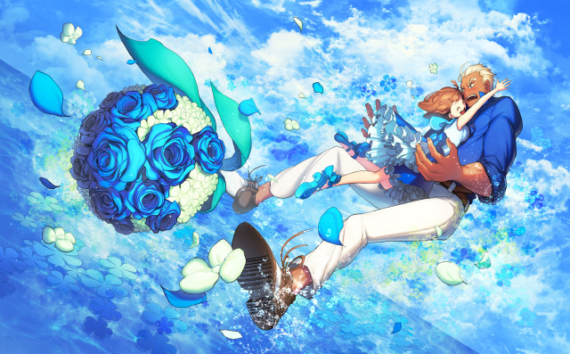 Woman floating bouquet man wine free wallpaper - medium preview image