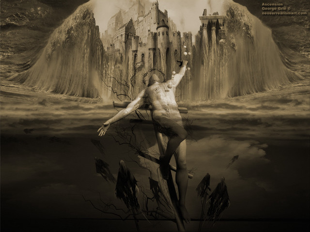 Man waterfall castle bird flying free wallpaper - medium preview image