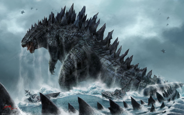 Godzilla sharks ocean boat water free wallpaper - medium preview image