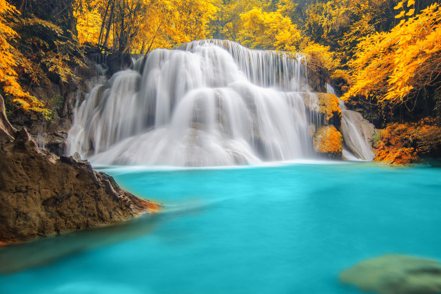 Waterfall blue pool yellow leaves free wallpaper - medium preview image
